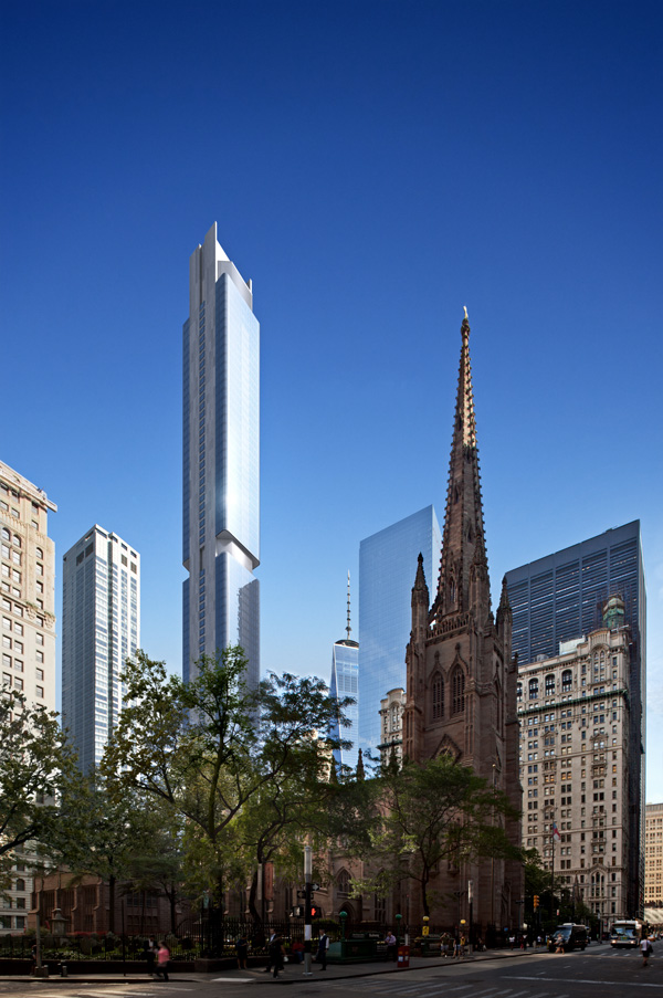 A church featuring a tall spire, set against a backdrop of towering buildings in an urban landscape.